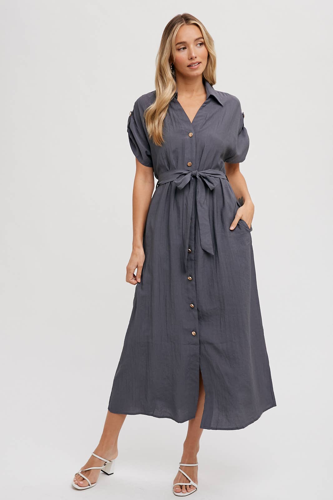 fitted lace wedding dress Roll-Tab Sleeve Belted Shirt Dress, Ash / L